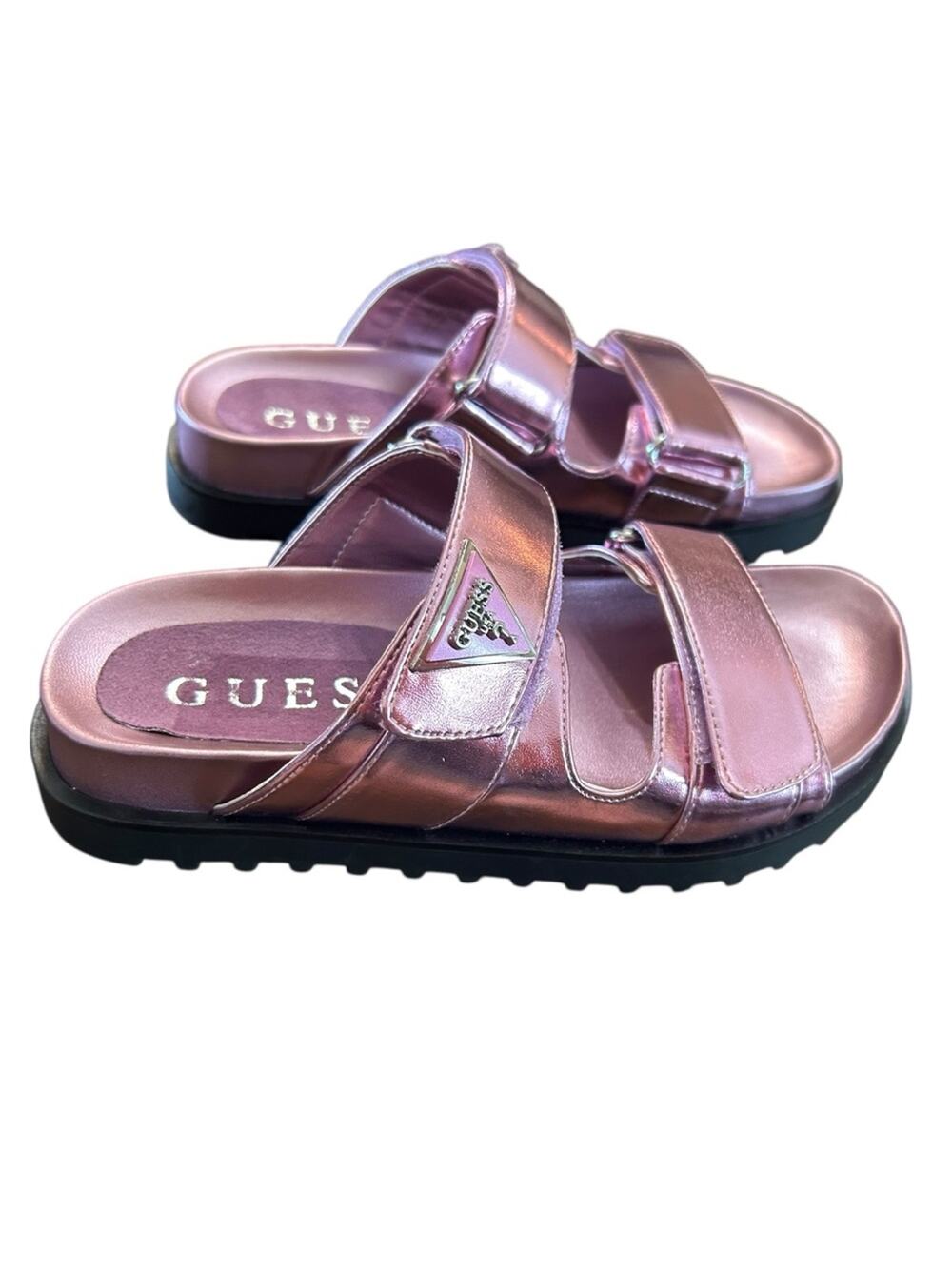 GUESS Fabula Lug-Sole Logo Footbed Sandals Slip On  Metallic Pink NEW Size 5